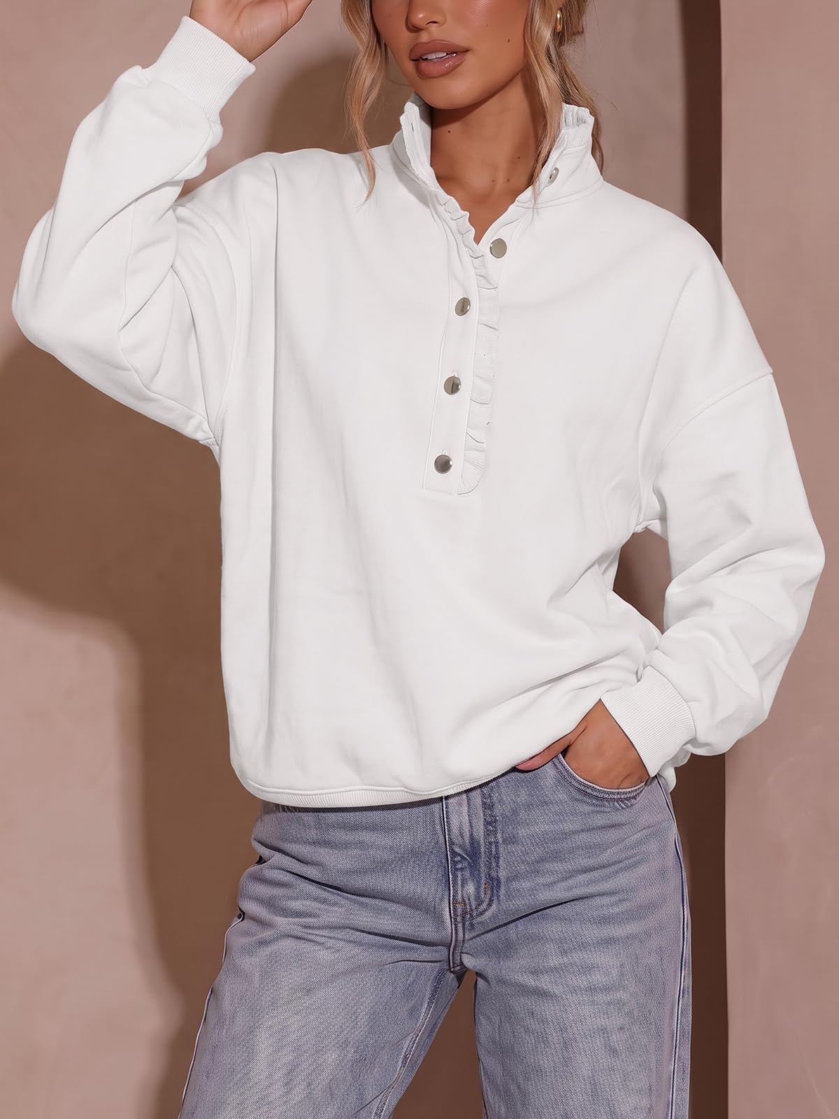 Fisoew Womens Sweatshirt Mock Neck Henley Pullover
