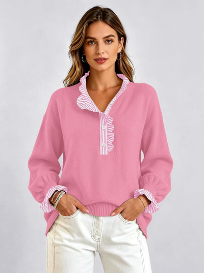 Ruffle Knit Collared Quarter Pullover