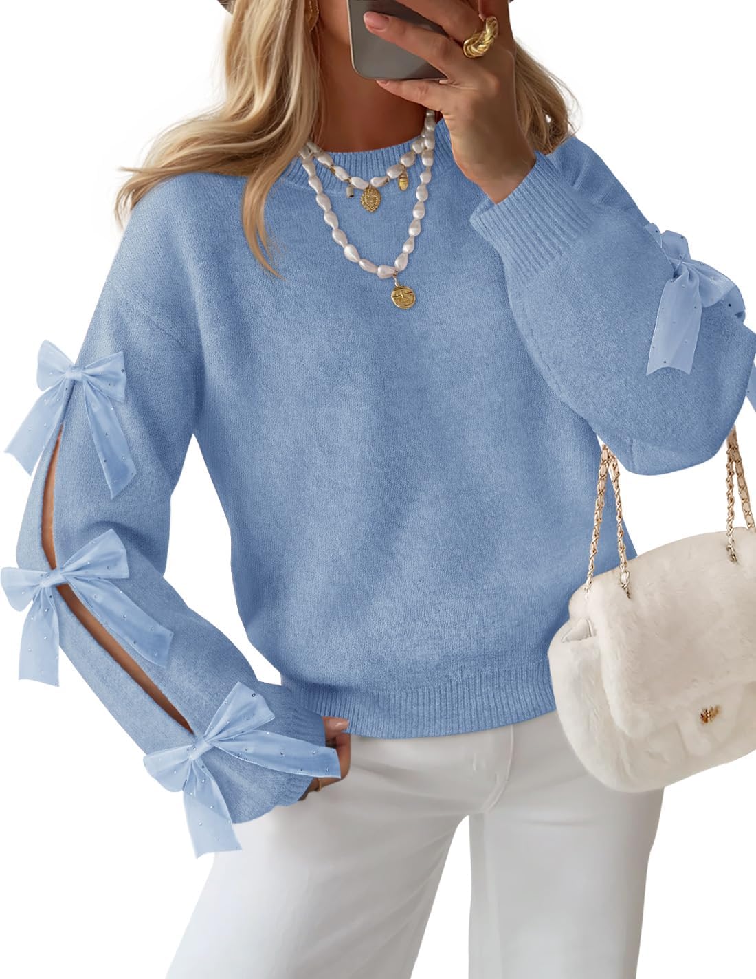 ZESICA Cute Bow Long Sleeve Oversized Sweaters