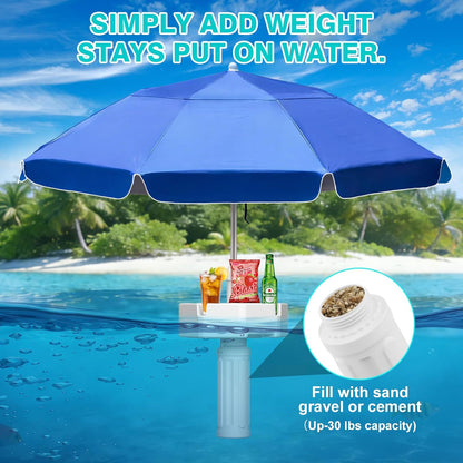 Outdoor Floating Umbrella for Inside of Pool with Weighted Base, 4 Cupholders Floating Table with Sun Shade, No-Tools Setup