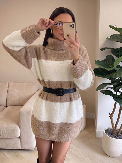 Wenrine Women Oversized Striped Sweater Dress Fall Long Sleeve Knit Dresses
