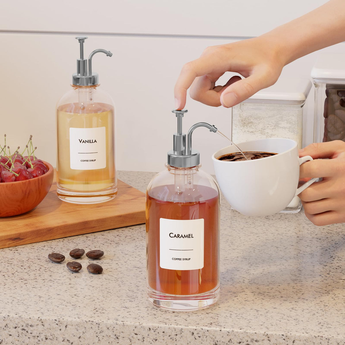 16.9 Oz (500 Ml) Coffee Syrup Dispenser Set- 4 Glass Bottles with Gold Pumper and Syrup Labels
