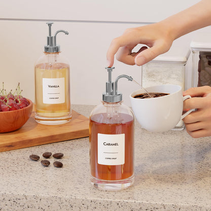 16.9 Oz (500 Ml) Coffee Syrup Dispenser Set- 4 Glass Bottles with Gold Pumper and Syrup Labels