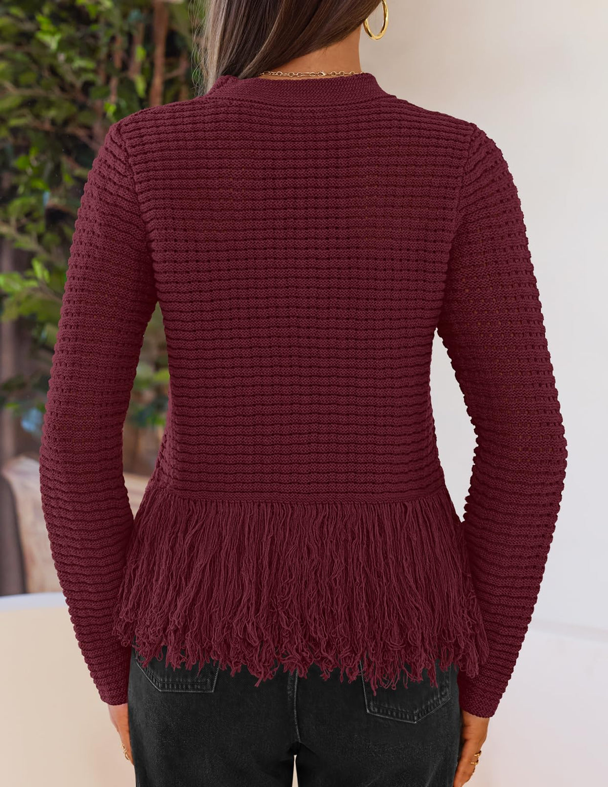 MEROKEETY Women's Fall Fashion Crochet Fringe Sweater Tops Boho Pullover