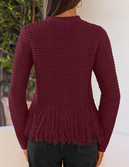 MEROKEETY Women's Fall Fashion Crochet Fringe Sweater Tops Boho Pullover