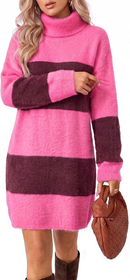 Wenrine Women Oversized Striped Sweater Dress Fall Long Sleeve Knit Dresses