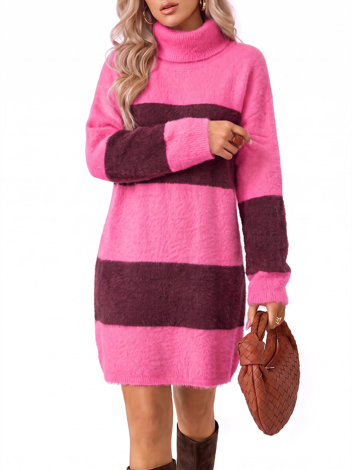 Wenrine Women Oversized Striped Sweater Dress Fall Long Sleeve Knit Dresses