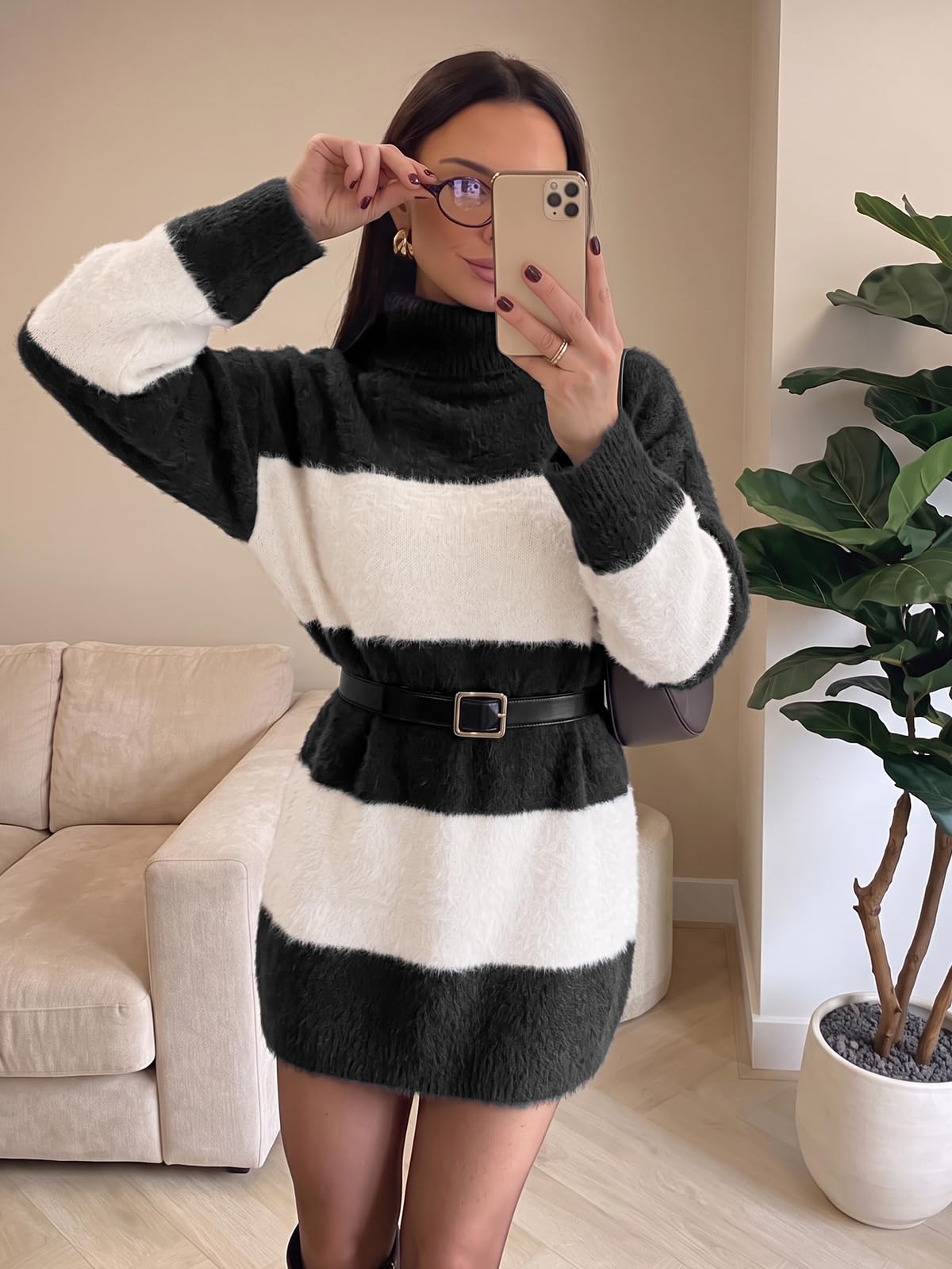 Wenrine Women Oversized Striped Sweater Dress Fall Long Sleeve Knit Dresses
