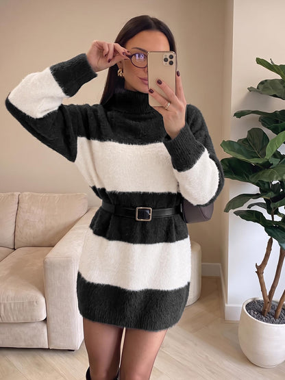Wenrine Women Oversized Striped Sweater Dress Fall Long Sleeve Knit Dresses