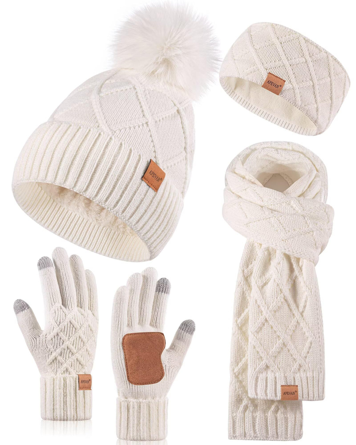Womens Winter Hat Gloves Scarf Headband Set, Pom Pom Beanie Long Scarf Touchscreen Gloves Ear Warmer, 4 in 1 Warm Gift Set