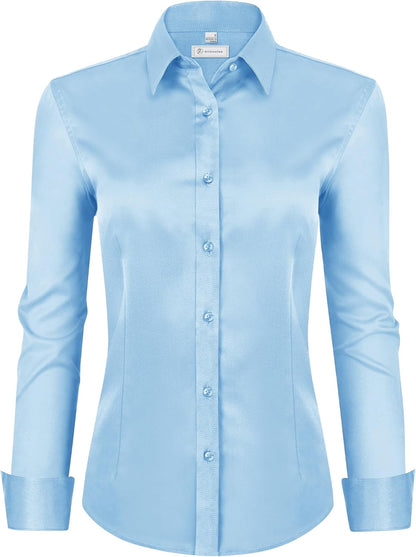 siliteelon Womens Classic-Fit Dress Shirts Long Sleeve Button Down Wrinkle-Free Stretch Solid Casual Work Office Blouse Top