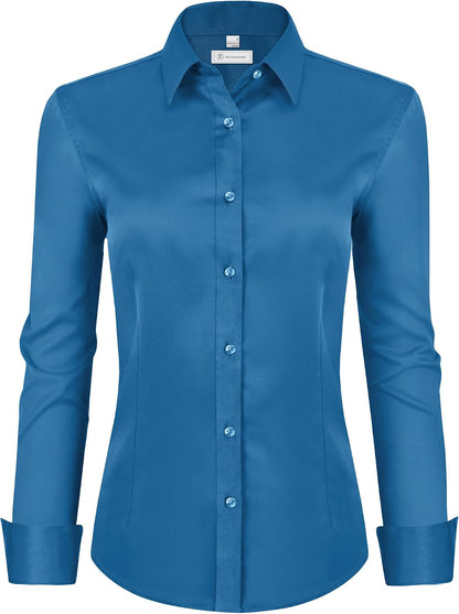 siliteelon Womens Classic-Fit Dress Shirts Long Sleeve Button Down Wrinkle-Free Stretch Solid Casual Work Office Blouse Top