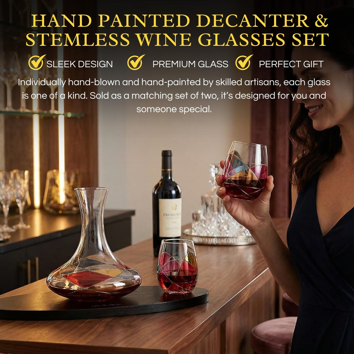 Artisanal Hand Painted Stemless Wine Glasses