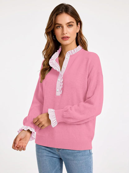 Ruffle Knit Collared Quarter Pullover