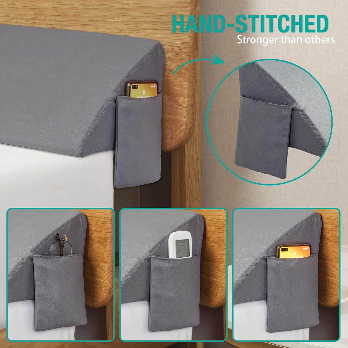 Vekkia King Bed Wedge Pillow for Headboard Gap, 0–6" Gap Filler with Side Pockets & Washable Cover, Gray 76"X10"x6"