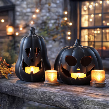 Tioncy 2 Pack Fall Decor Halloween Decorations Terracotta Pumpkin Decoration Handmade Clay Pumpkin Jack-O-Lantern Halloween Tealight Holder Rustic Farmhouse Fall Home Decor for Table(orange)
