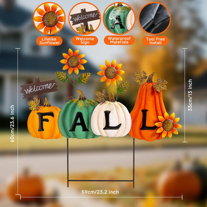 Lanpn Fall Garden Stakes Decorative, 3 Stacked Pumpkin Truck Waterproof Metal Yard Signs 2ft for Home Lawn Patio Porch Autumn Thanksgiving Harvest Season Outdoor Decor (Style 01, 11.4 X 29.9 Inch)