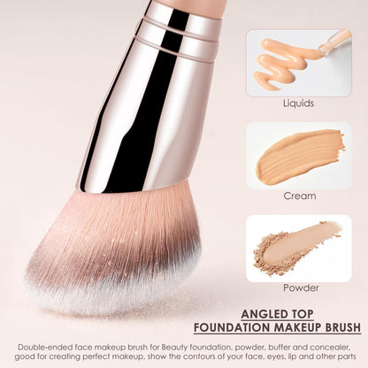 Kingmas Foundation Makeup Brush, Double Ended Bronzer Brush Angled & Round Contour Brushes for Beauty Blending Liquid Powder, Concealer Cream Cosmetics Blush (Brown)