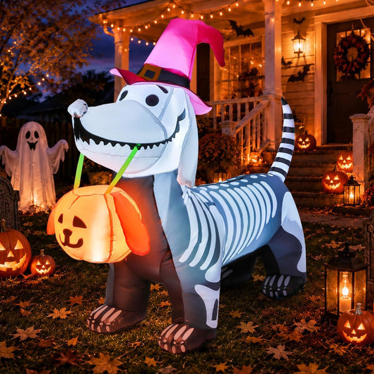 Goosh 5.5 Ft Halloween Inflatables Outdoor Decorations Skeleton Puppy Inflatable Yard Decoration with Build-In Leds Blow Up Pumpkin for Halloween Party Indoor Outdoor Yard Garden