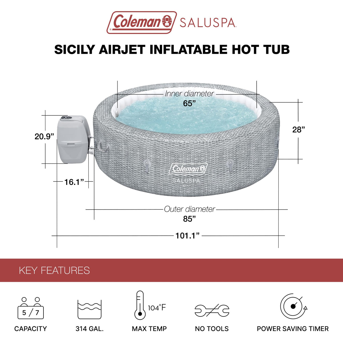 Coleman Sicily 5 to 7 Person Inflatable Hot Tub, Round Portable Outdoor Spa with 180 Airjets and Energysense Cover, Grey, 85" X 28"