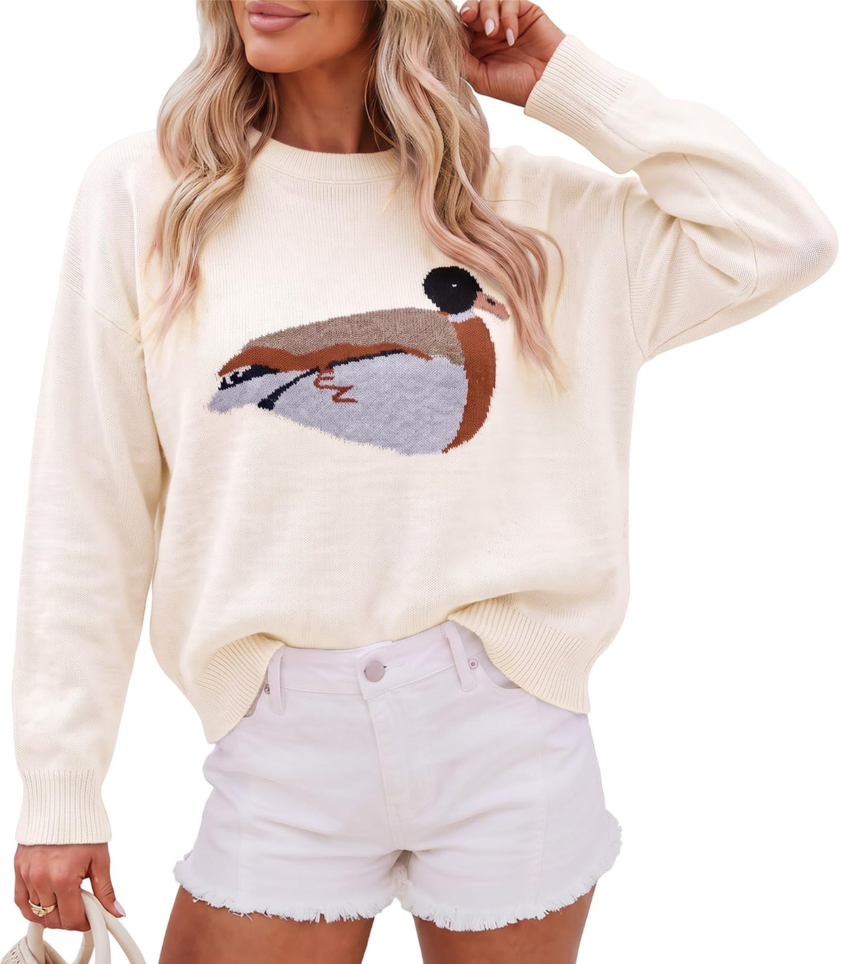 Cicy Bell Womens Graphic Sweaters Lightweight Knit Crewneck Pullover