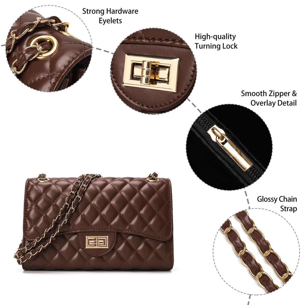 Quilted Leather Crossbody Bags for Women Trendy Ladies Shoulder Purse Satchel HandBag with Chain Strap