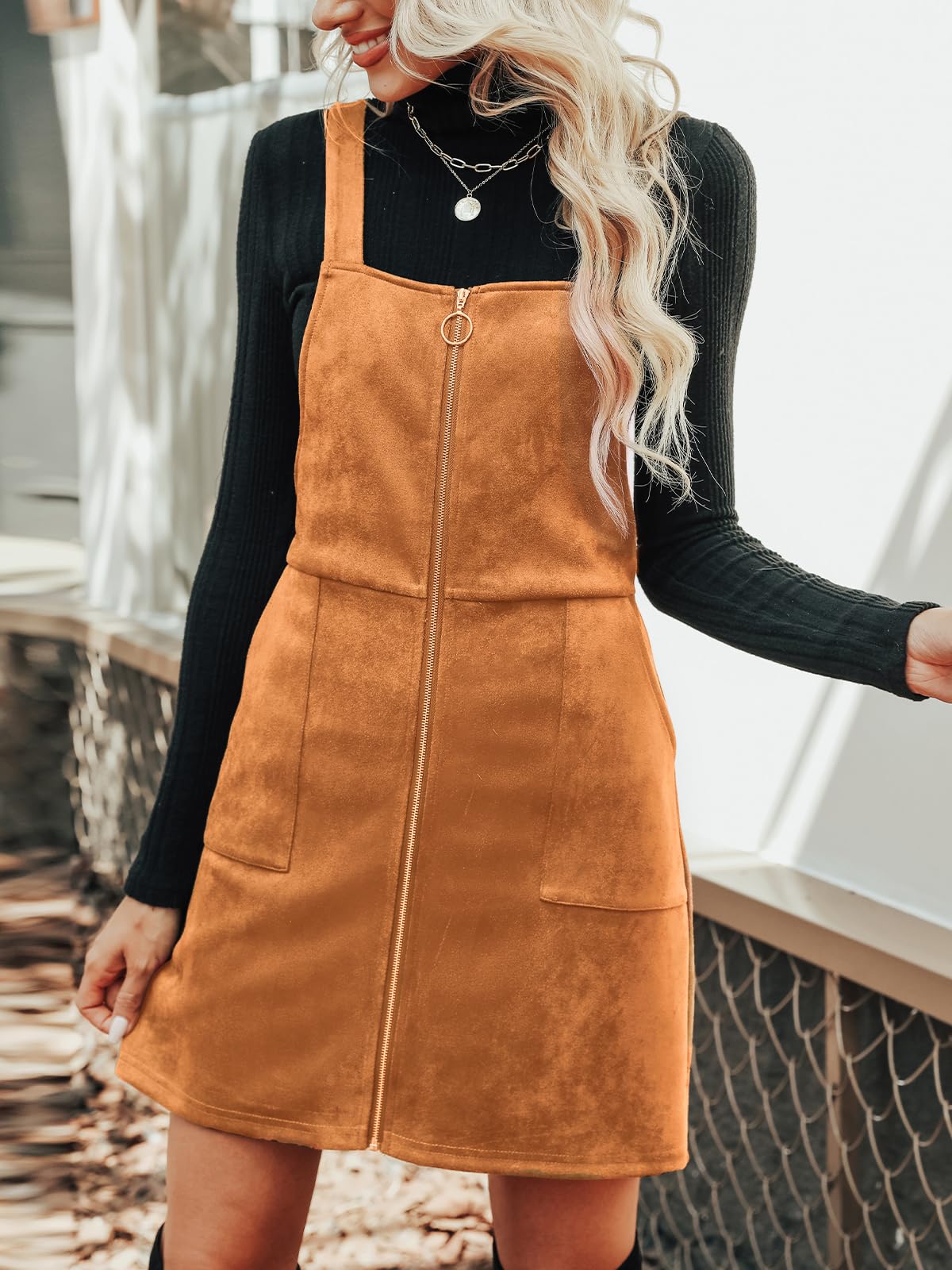 CUPSHE Faux Suede Mini Fall Dresses for Women Square Neck Pull Ring Zipper Front Pockets Wide Straps Casual Autumn Dress