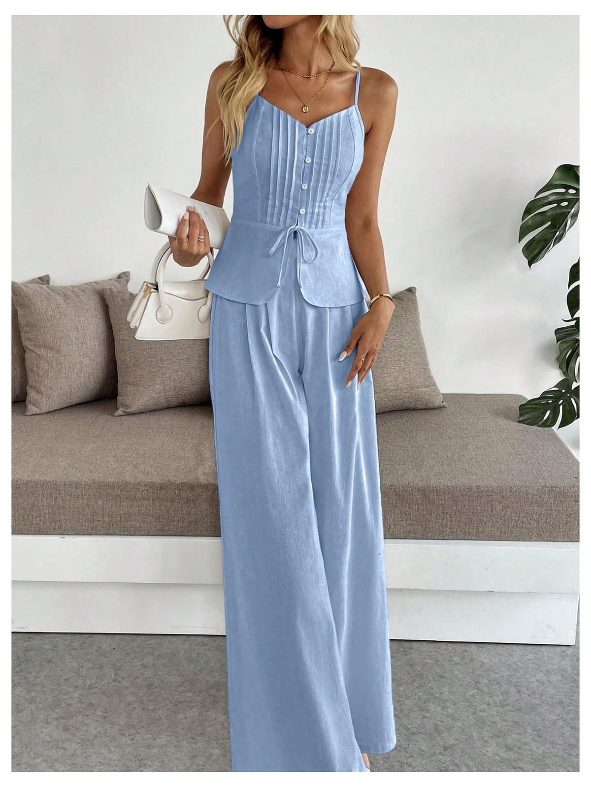 SOLY HUX Women's 2 Piece Outfit Button Down Peplum Cami Wide Leg Pants Set