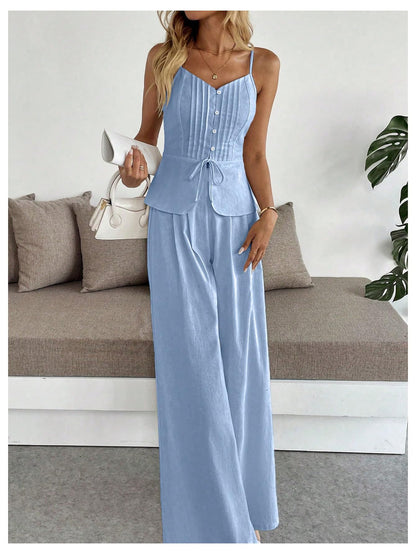SOLY HUX Women's 2 Piece Outfit Button Down Peplum Cami Wide Leg Pants Set