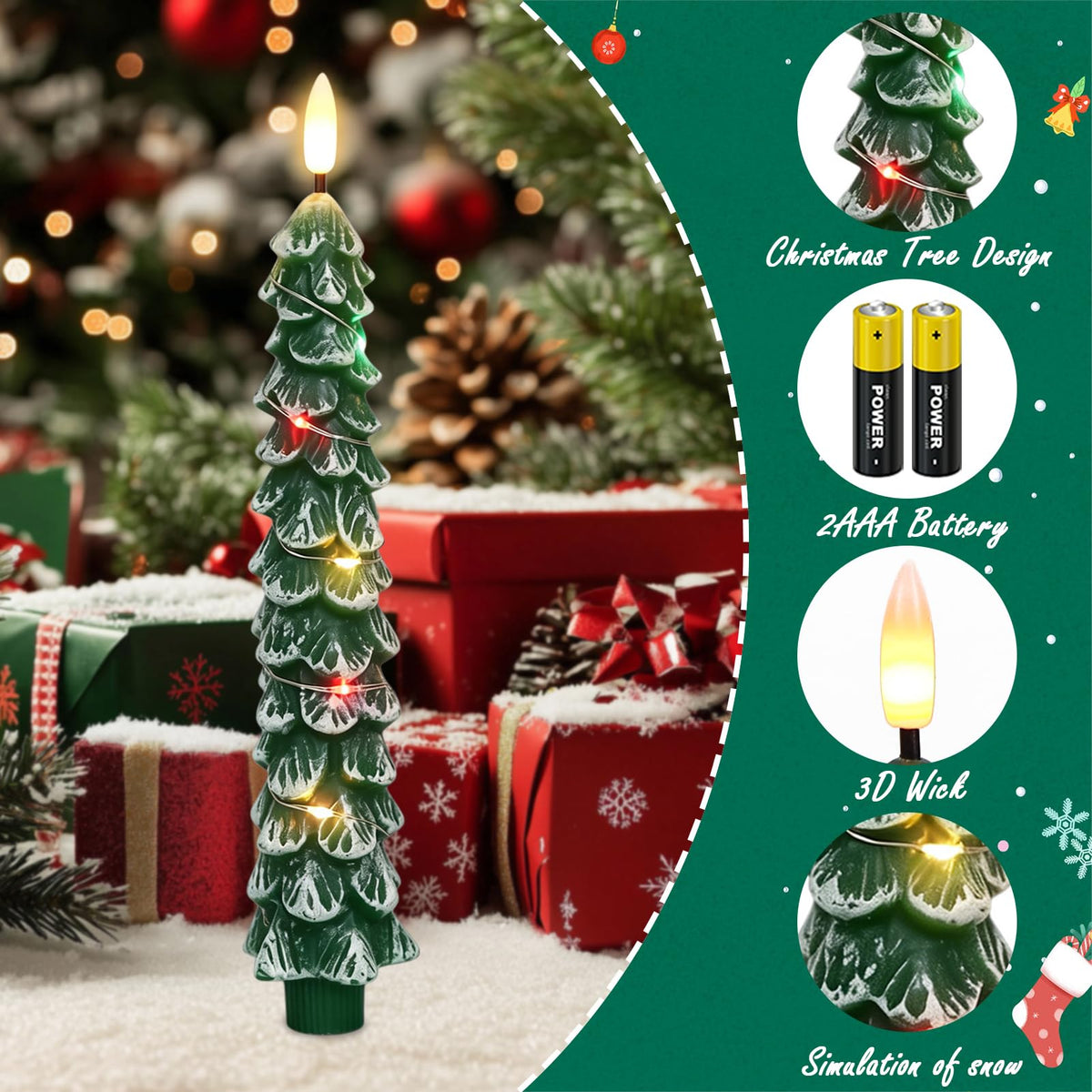 Green Christmas Tree Flameless Taper Candles Battery Operated Remote Timer