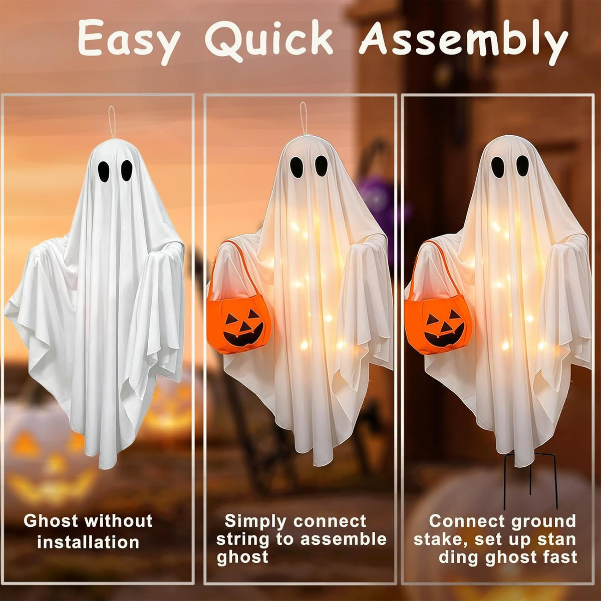 Solar Ghost Halloween Lights 2Pack Hanging Stake Yard Decor | Solar Glowing Ghost Decor, Rainproof, Dual Mount. Perfect Lawn Porch Decor for Halloween Fans