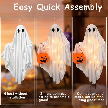 Solar Ghost Halloween Lights 2Pack Hanging Stake Yard Decor | Solar Glowing Ghost Decor, Rainproof, Dual Mount. Perfect Lawn Porch Decor for Halloween Fans