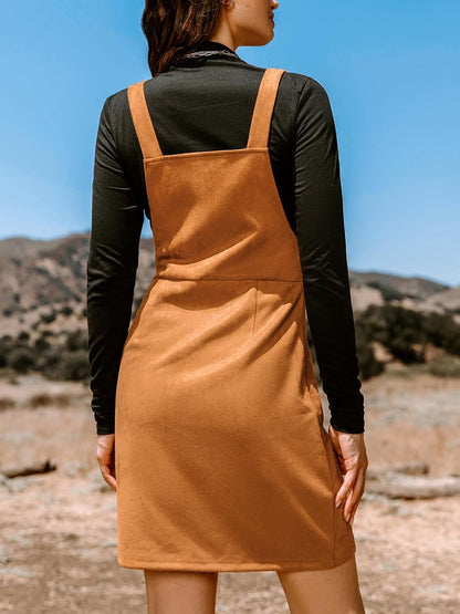 CUPSHE Faux Suede Mini Fall Dresses for Women Square Neck Pull Ring Zipper Front Pockets Wide Straps Casual Autumn Dress