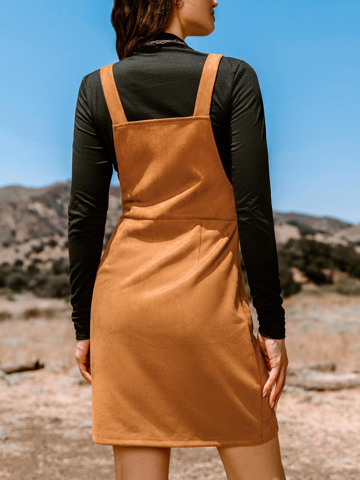 CUPSHE Faux Suede Mini Fall Dresses for Women Square Neck Pull Ring Zipper Front Pockets Wide Straps Casual Autumn Dress