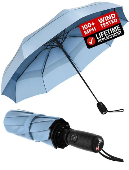 Windproof Travel Umbrella - Compact & Withstands Winds up to 100MPH, Strongest Premium Auto Folding Umbrella for Rain and Sun - Durable, Light & Portable for Women & Men, Fits Backpack & Cars