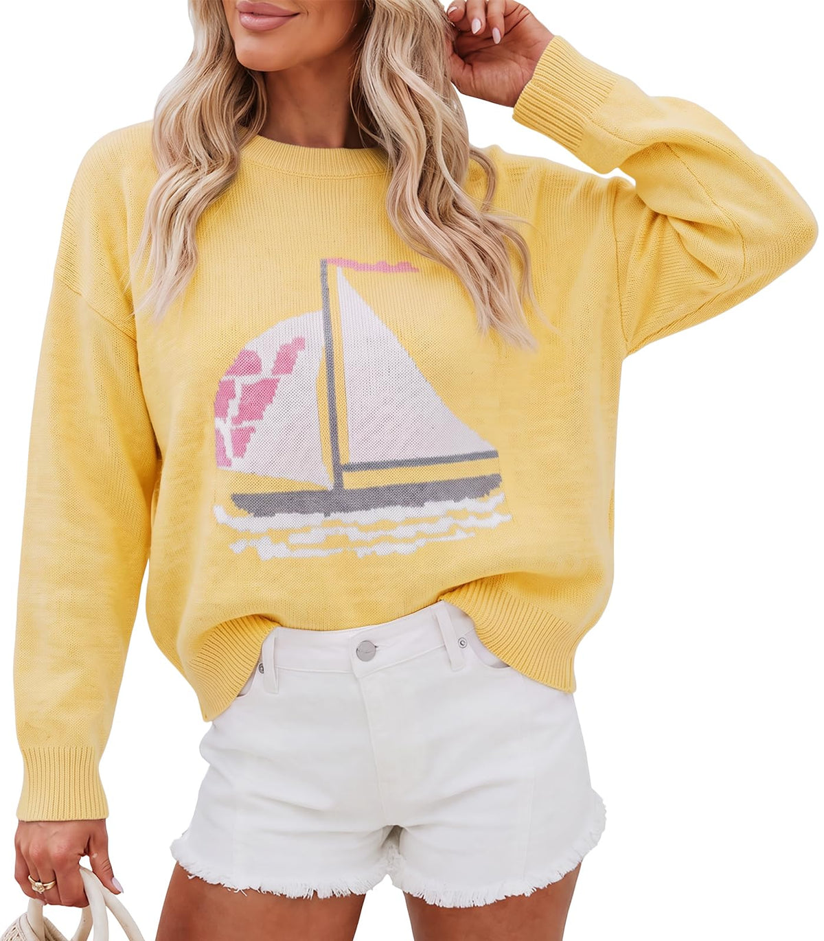 Cicy Bell Womens Graphic Sweaters Lightweight Knit Crewneck Pullover