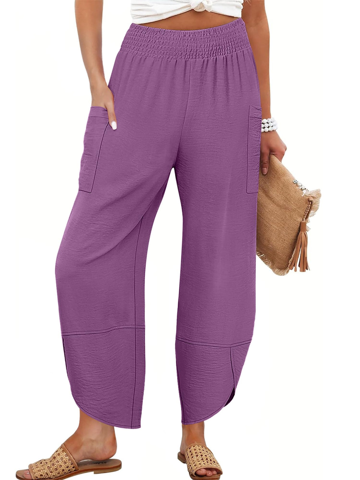Anrabess Womens Wide Leg Palazzo Capri Pants Summer Casual High Waisted Barrel Lounge Flowy Cropped Beach Work Trousers