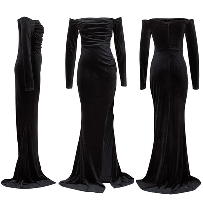 Women Off The Shoulder Formal Dresses Velvet High Split Maxi Dress