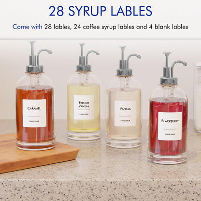 16.9 Oz (500 Ml) Coffee Syrup Dispenser Set- 4 Glass Bottles with Gold Pumper and Syrup Labels