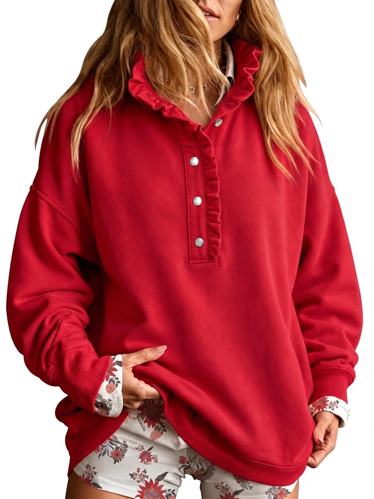 Fisoew Womens Sweatshirt Mock Neck Henley Pullover