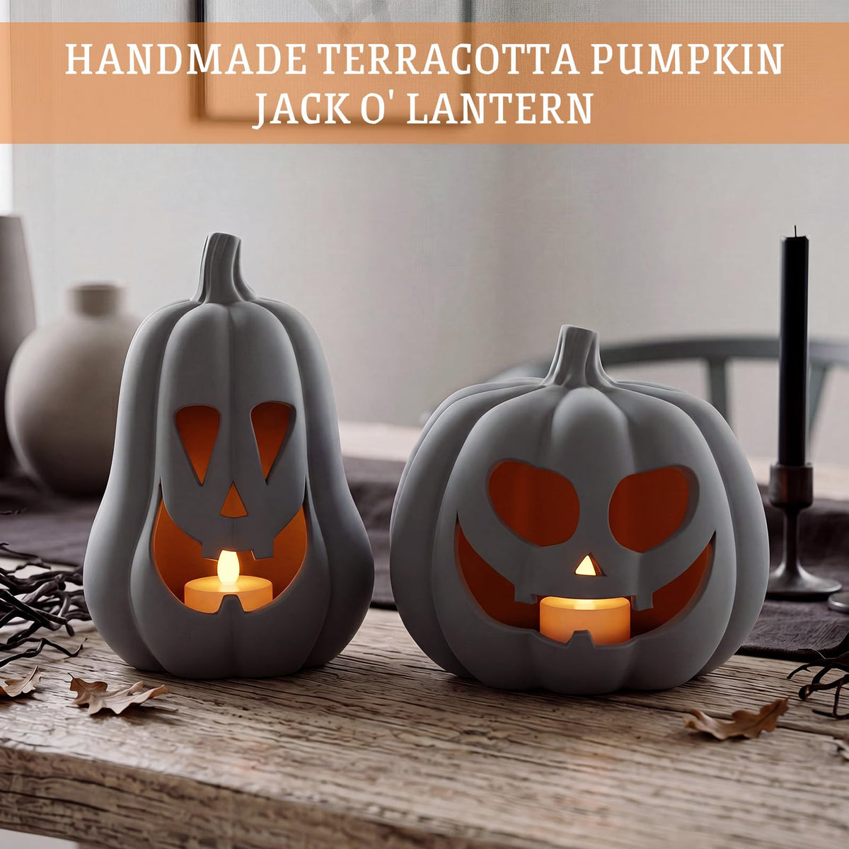 Tioncy 2 Pack Fall Decor Halloween Decorations Terracotta Pumpkin Decoration Handmade Clay Pumpkin Jack-O-Lantern Halloween Tealight Holder Rustic Farmhouse Fall Home Decor for Table(orange)