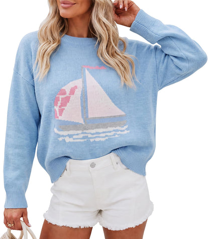 Cicy Bell Womens Graphic Sweaters Lightweight Knit Crewneck Pullover