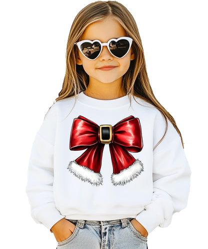 Olive Loves Apple Red Santa Bow Sweatshirt for Women Teens and Kids Christmas Holiday Pullover