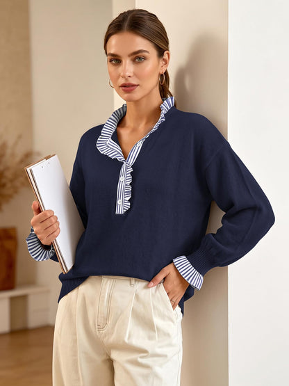 Ruffle Knit Collared Quarter Pullover