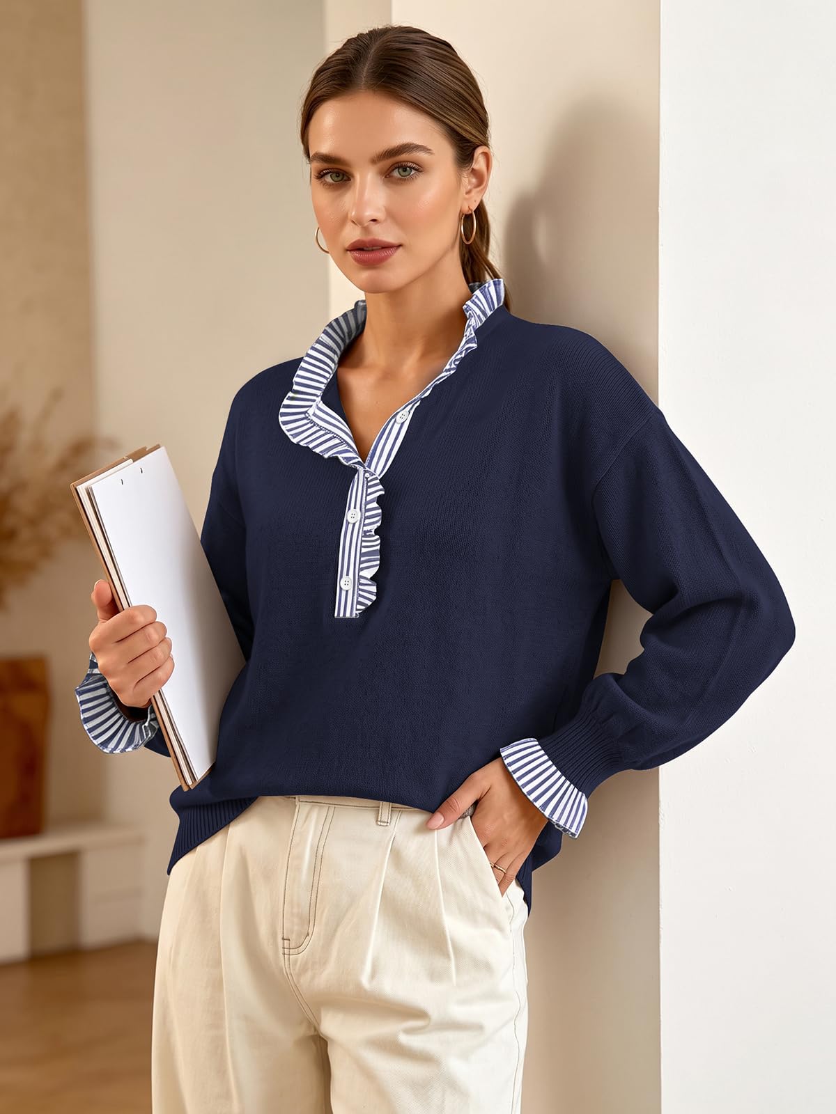 Ruffle Knit Collared Quarter Pullover