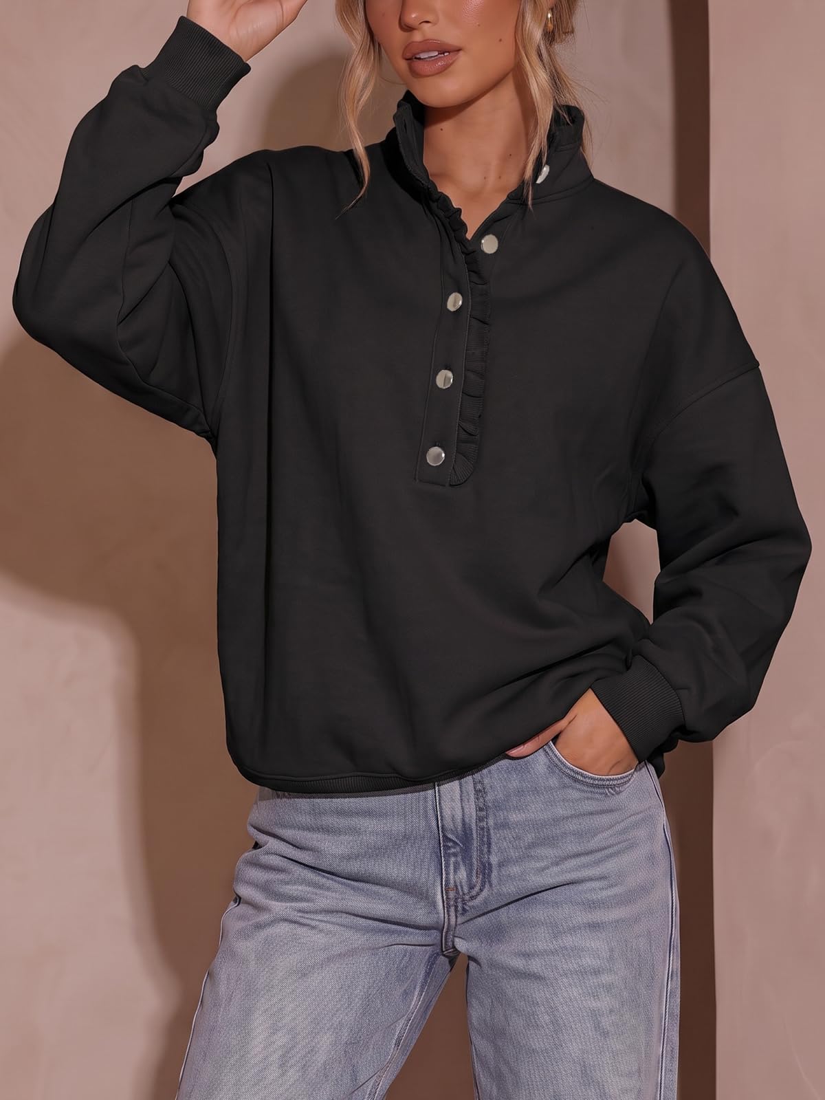 Fisoew Womens Sweatshirt Mock Neck Henley Pullover
