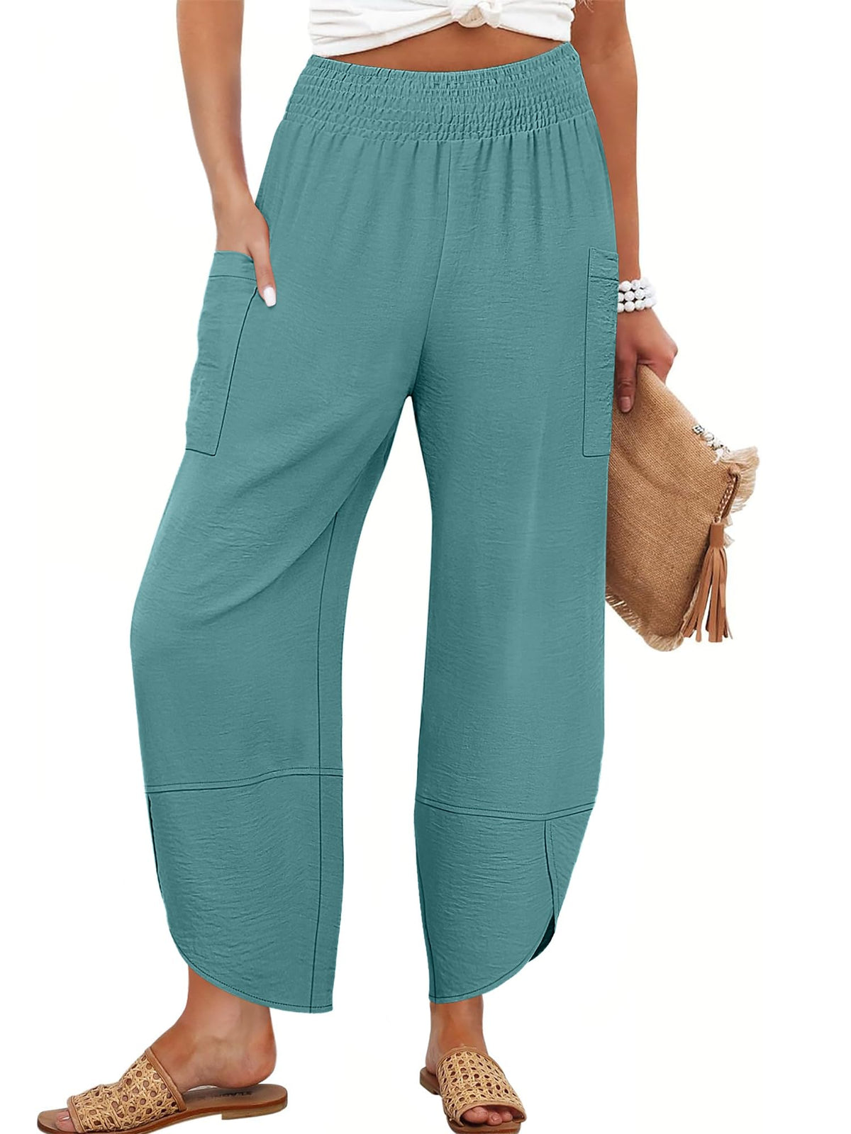Anrabess Womens Wide Leg Palazzo Capri Pants Summer Casual High Waisted Barrel Lounge Flowy Cropped Beach Work Trousers