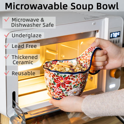 Alma Handpainted Microwavable Soup Bowl with Loop Handle 18.6Oz, Cereal Bowl with Handle