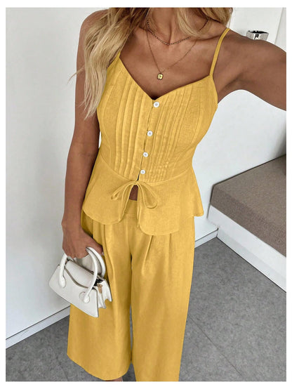 SOLY HUX Women's 2 Piece Outfit Button Down Peplum Cami Wide Leg Pants Set
