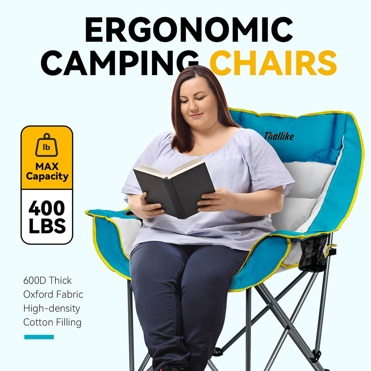 Oversized Camping Chair for Adults – Heavy Duty Folding Chair with Cup Holders, Storage Pocket & Carry Bag – Outdoor Padded Camp Chair for Camping, Backyard, Fishing & Sports – Supports 400lbs